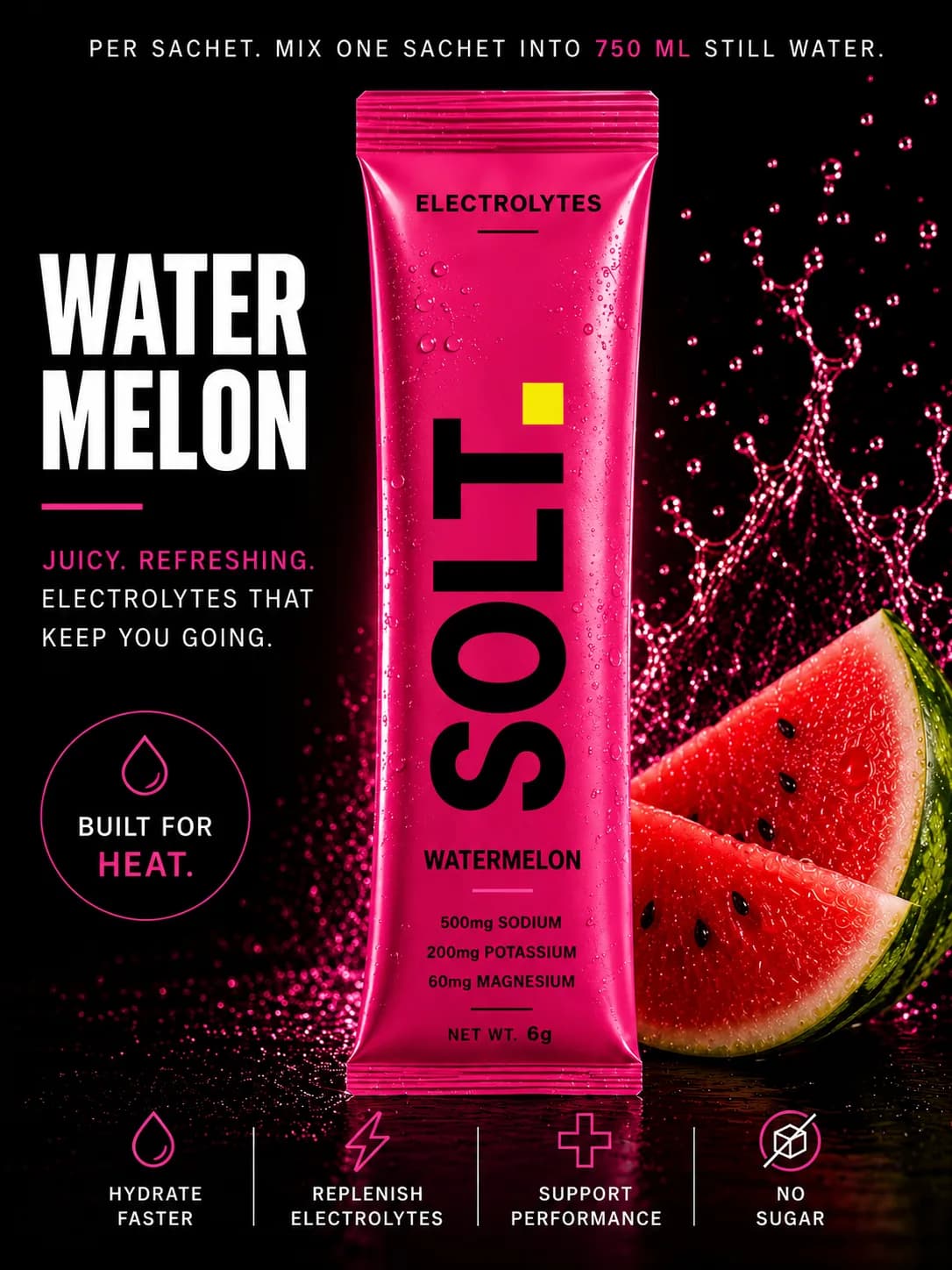 SOLT Watermelon, Juicy. Refreshing. Built for heat.
