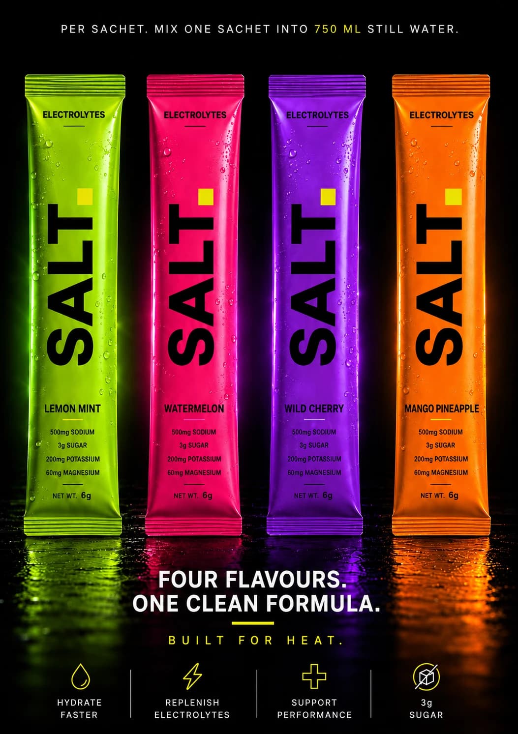 SOLT Lemon Mint, Watermelon, Wild Cherry and Mango Pineapple electrolyte sachets — three electrolytes, 500 mg sodium and 3 g sugar per serve.