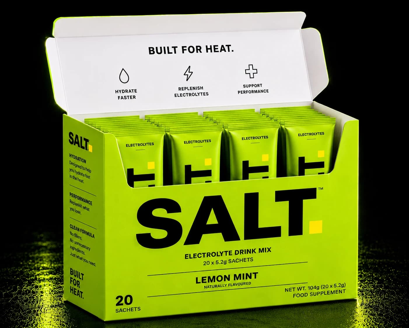 SOLT Lemon Mint — box of 20 single-serve electrolyte sachets.