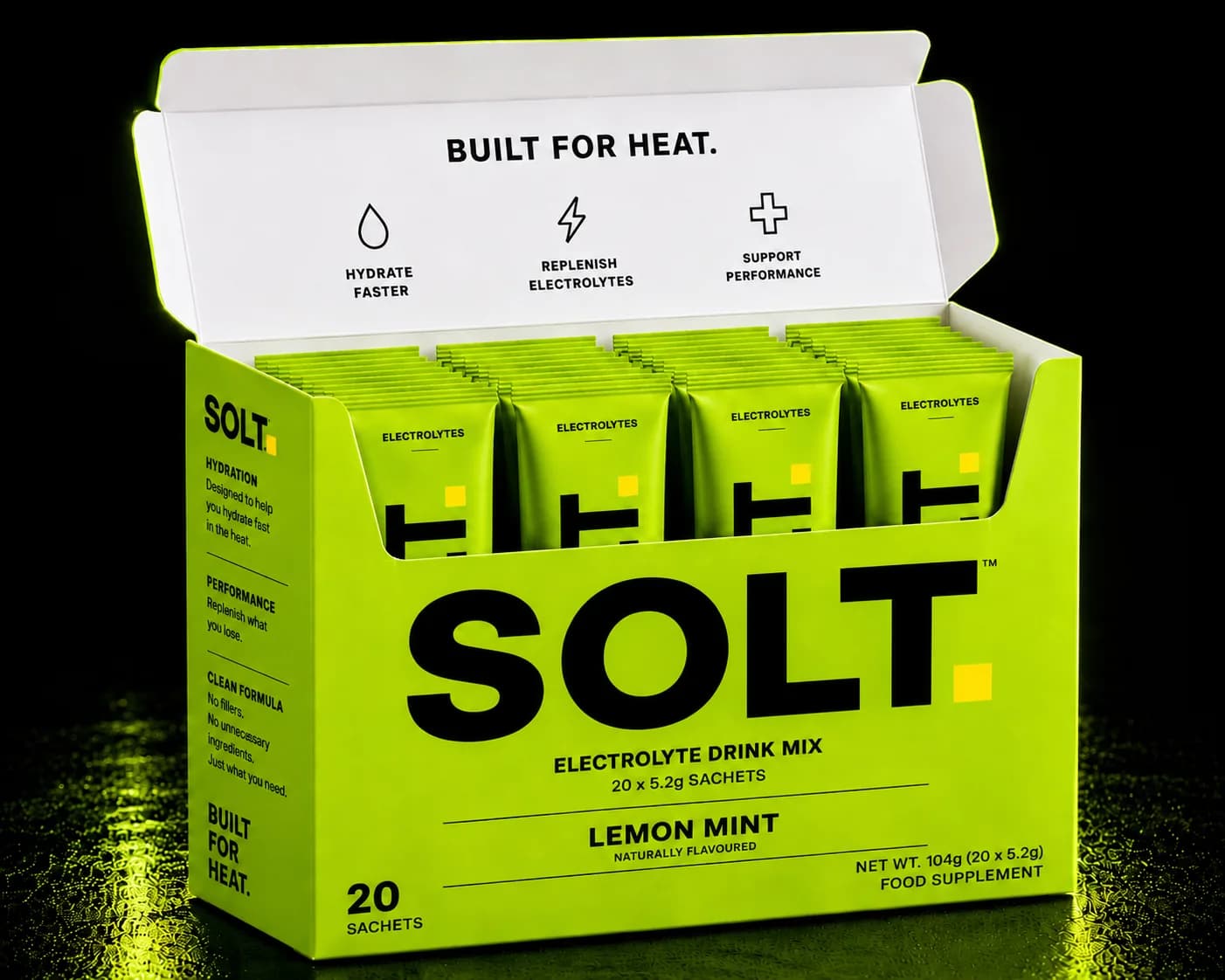 SOLT Lemon Mint, box of 20 single-serve electrolyte sachets.
