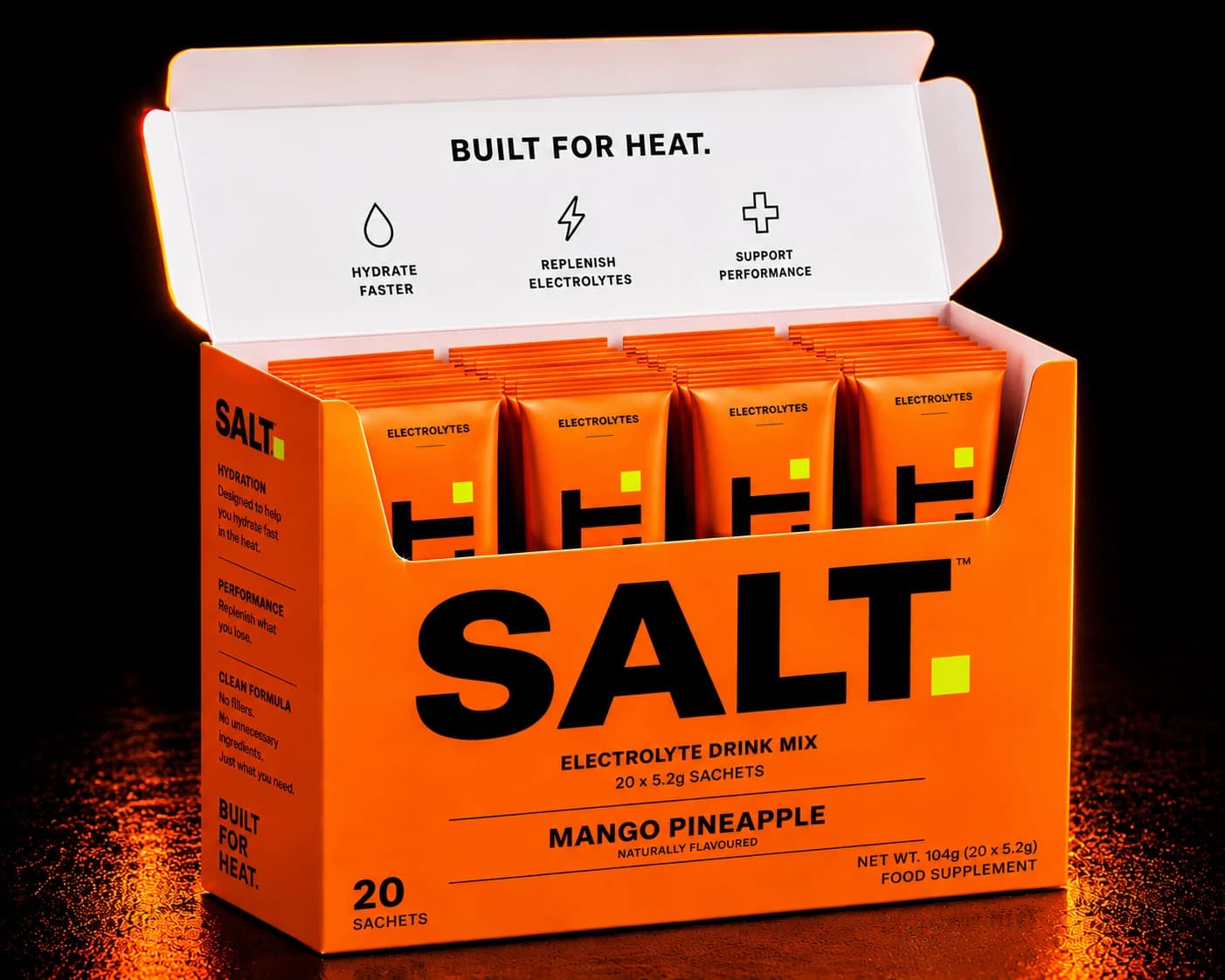 SOLT Mango Pineapple — box of 20 single-serve electrolyte sachets.