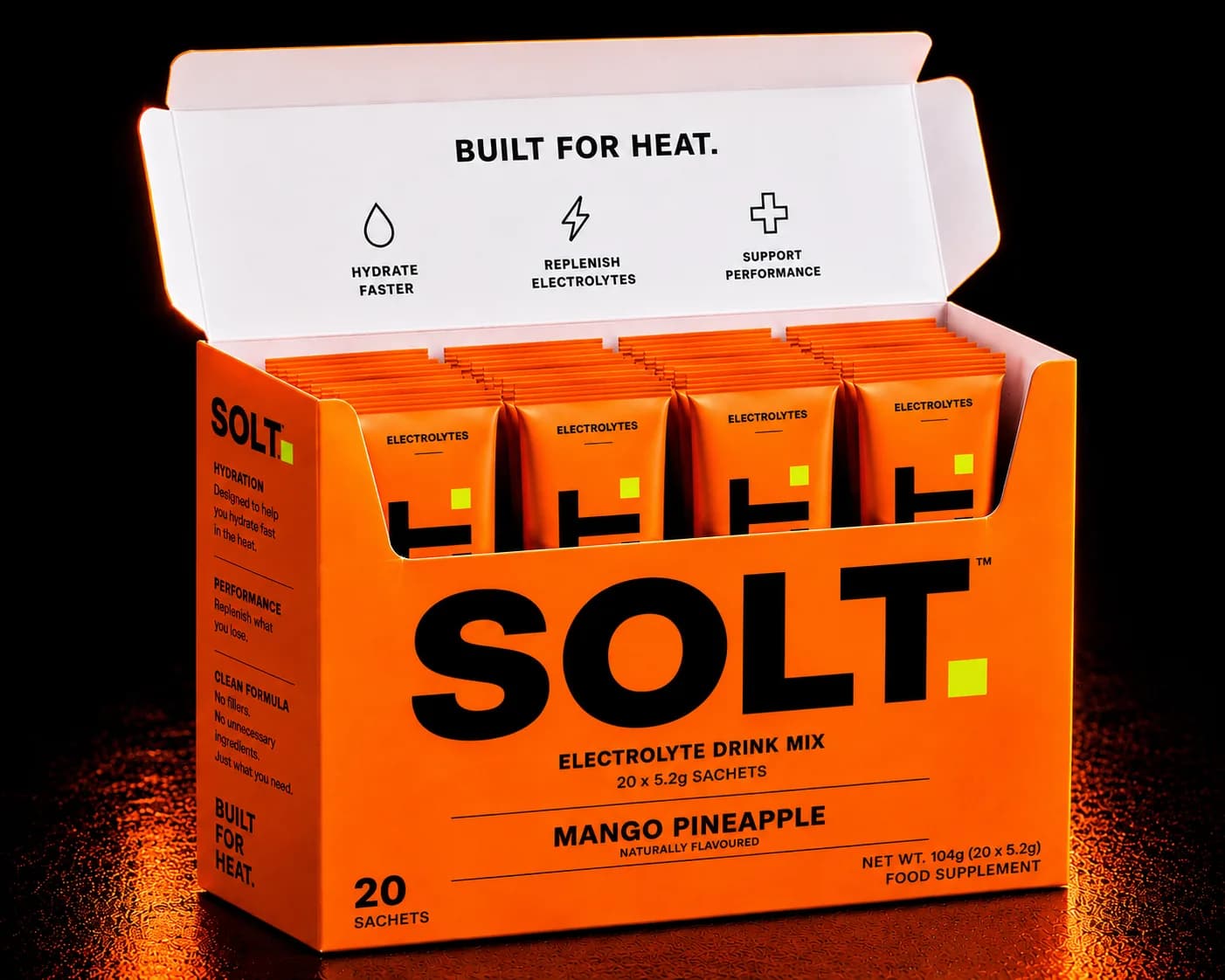 SOLT Mango Pineapple, box of 20 single-serve electrolyte sachets.