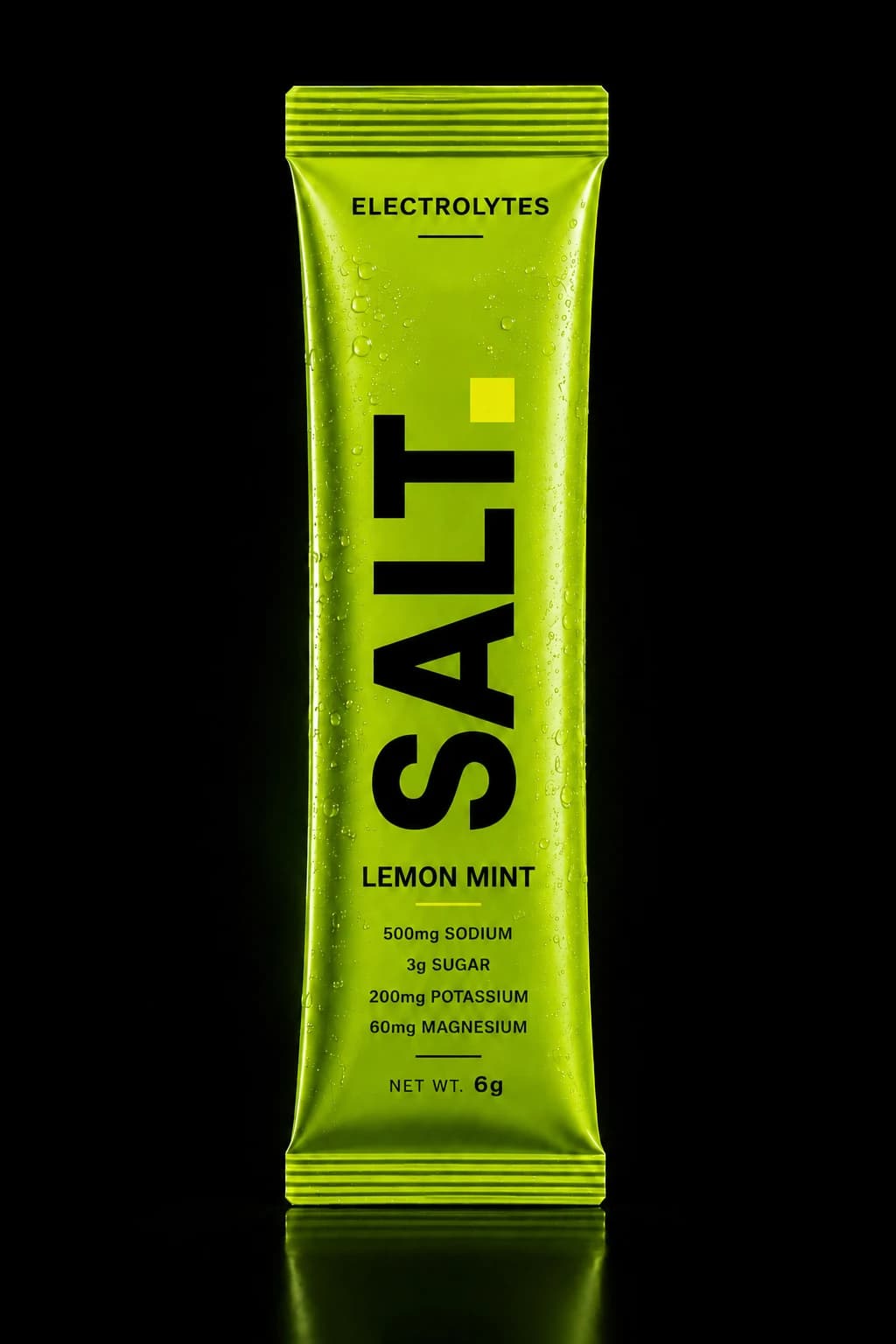 SOLT Lemon Mint sachet — vivid green pack on a dark stage, 500mg sodium, 3g sugar per serve.