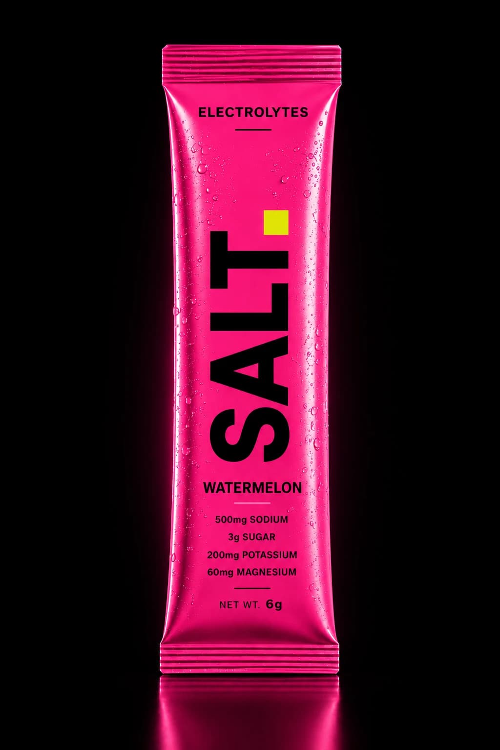 SOLT Watermelon sachet — vivid magenta-pink pack on a dark stage, 500mg sodium, 3g sugar per serve.