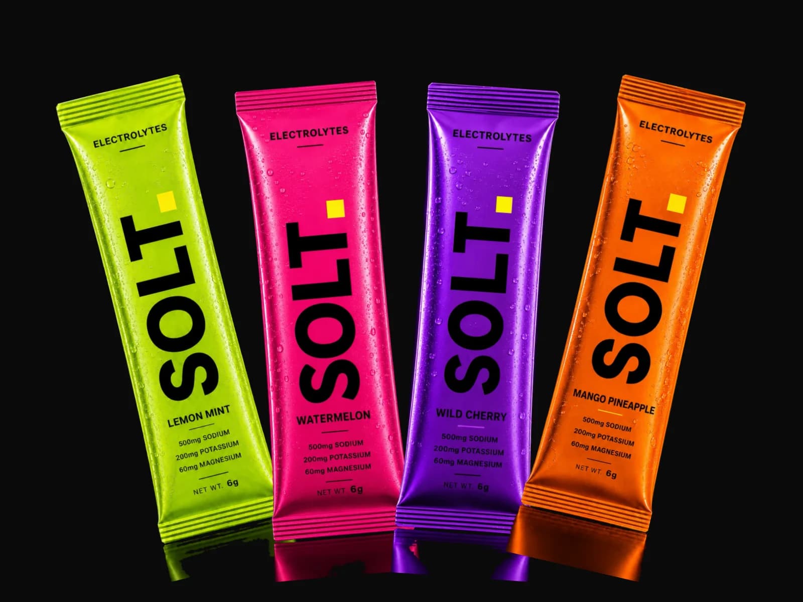 The four SOLT flavours: Lemon Mint, Watermelon, Wild Cherry and Mango Pineapple sachets.