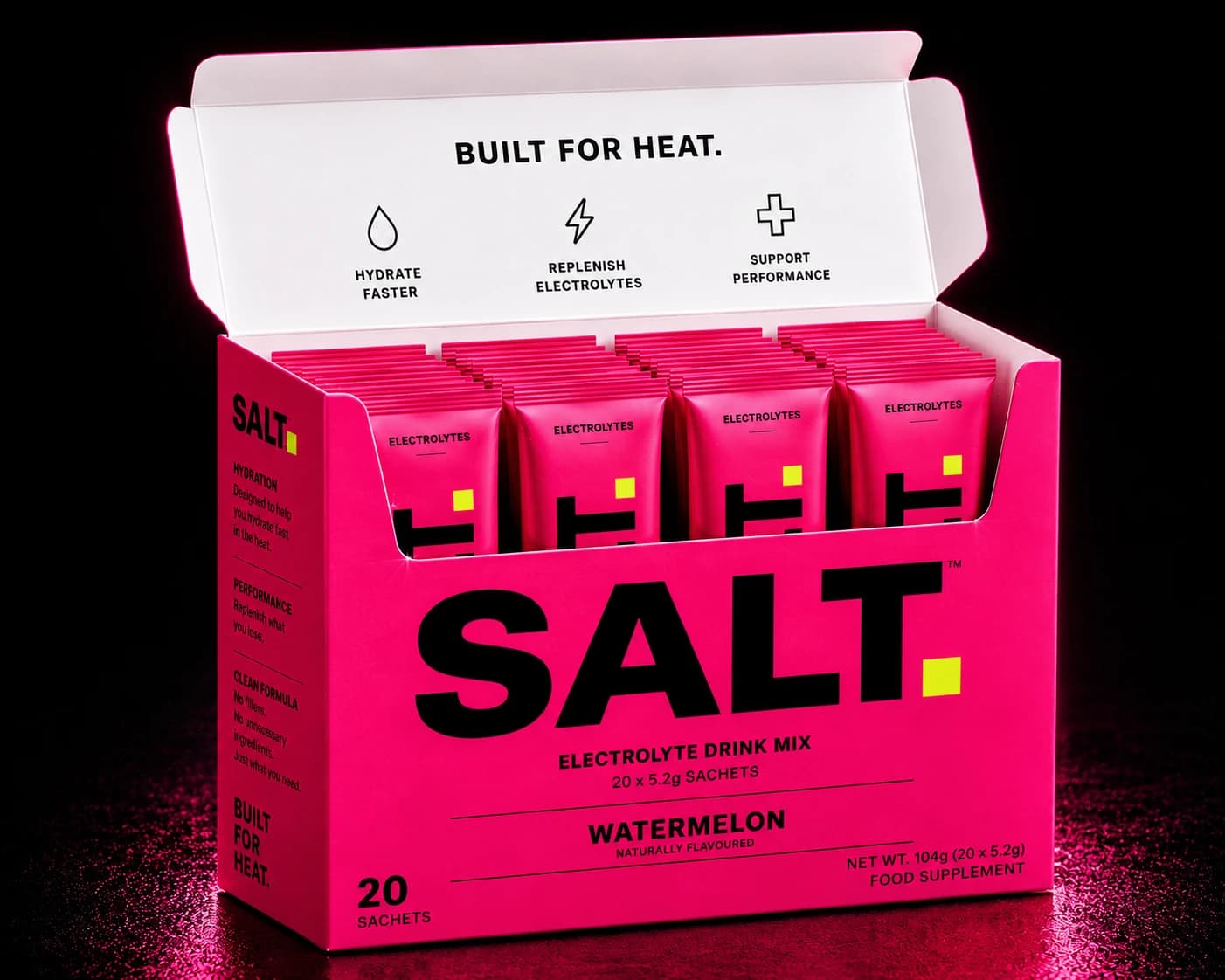 SOLT Watermelon — box of 20 single-serve electrolyte sachets.