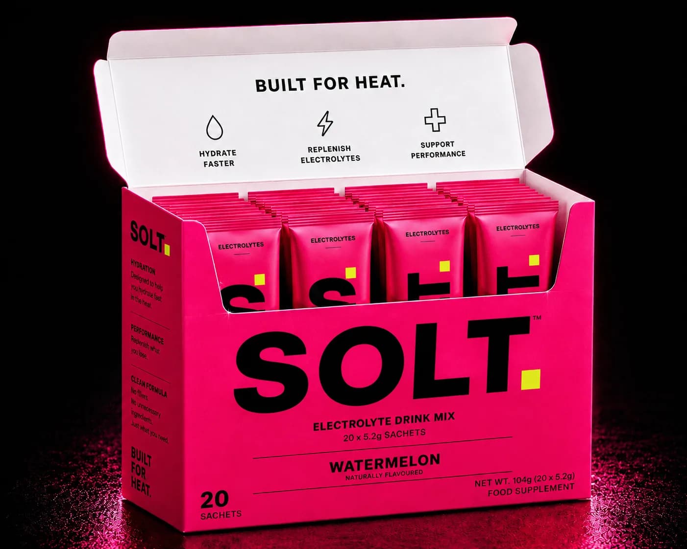 SOLT Watermelon, box of 20 single-serve electrolyte sachets.