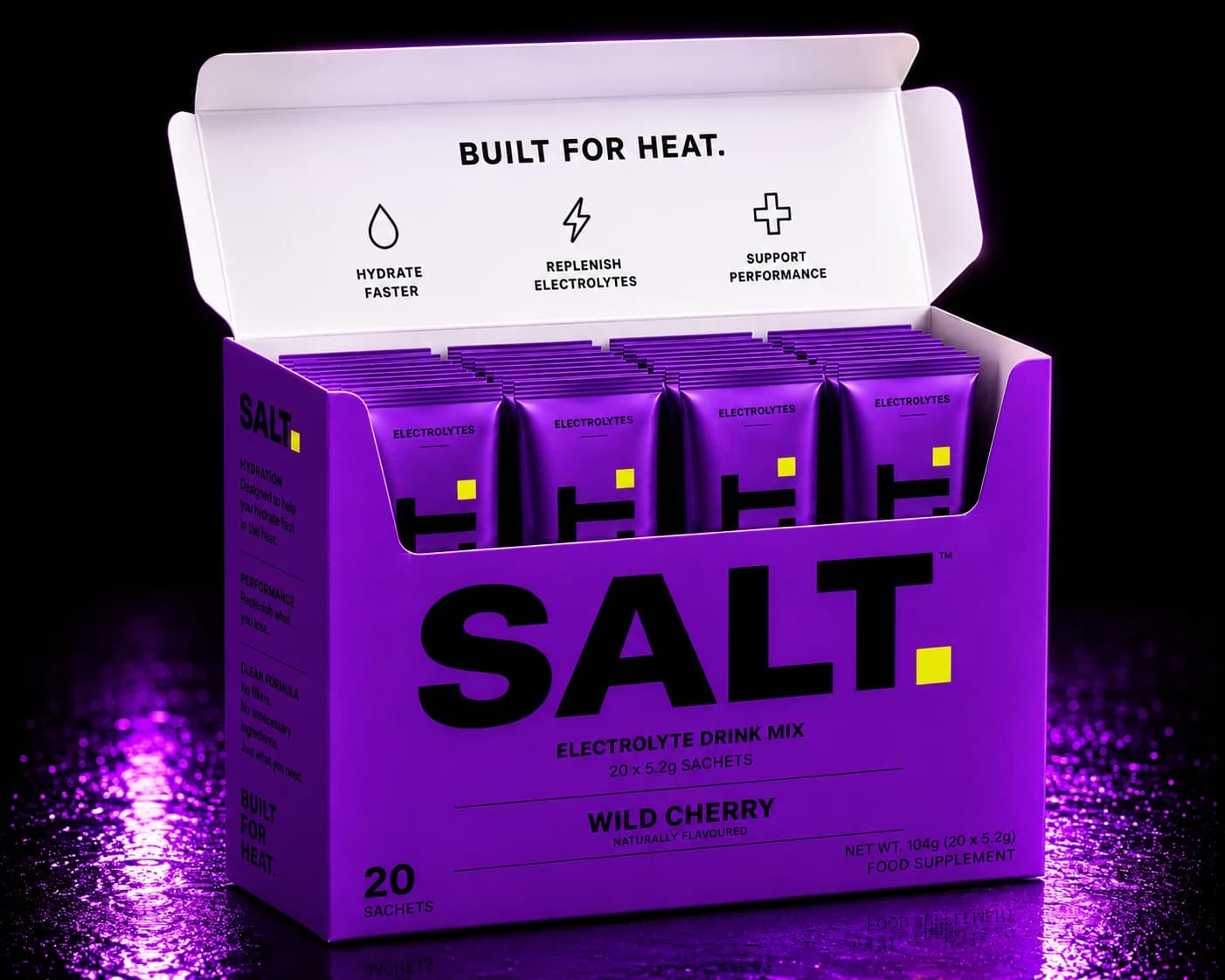 SOLT Wild Cherry — box of 20 single-serve electrolyte sachets.