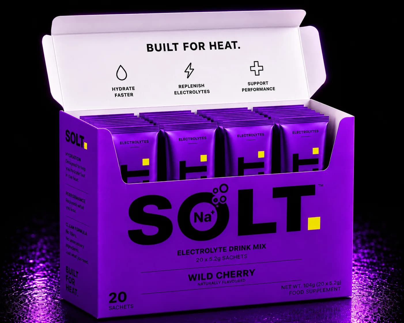 SOLT Wild Cherry, box of 20 single-serve electrolyte sachets.